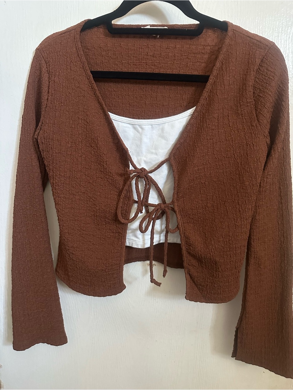 Brown Tie-Front Cropped Knit Cardigan with White Tank